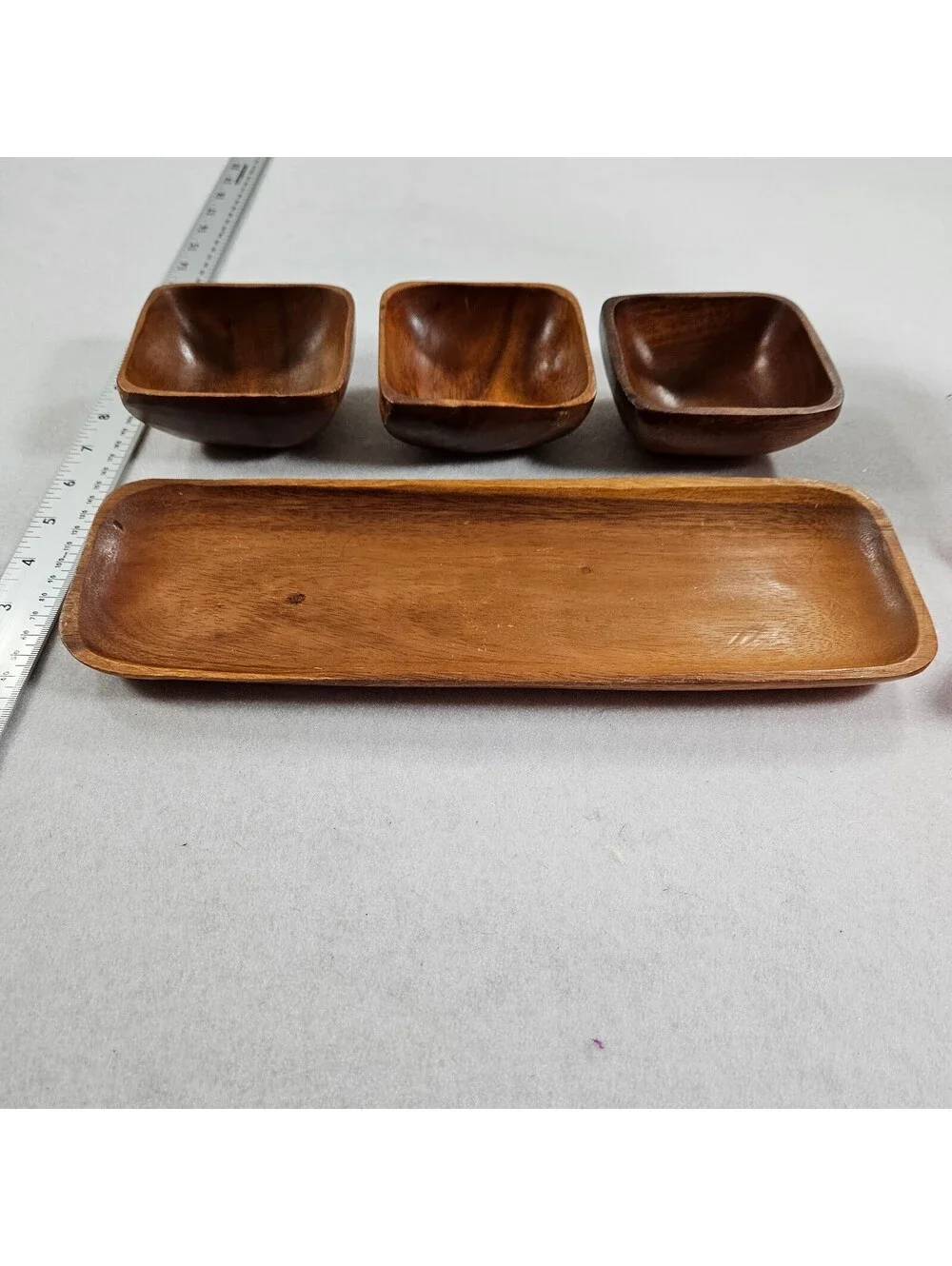 Vintage Wood Serving Tray Set 3 Bowls Philippines Mahogany Condiment Snack